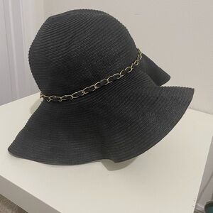 Black Wide-Brim Hat with Gold Chain